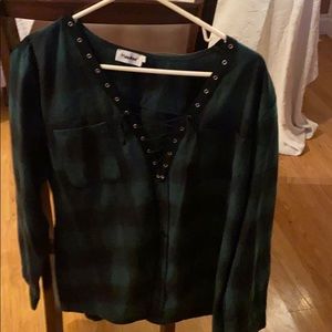 Woman’s plaid , Vneck lace up top